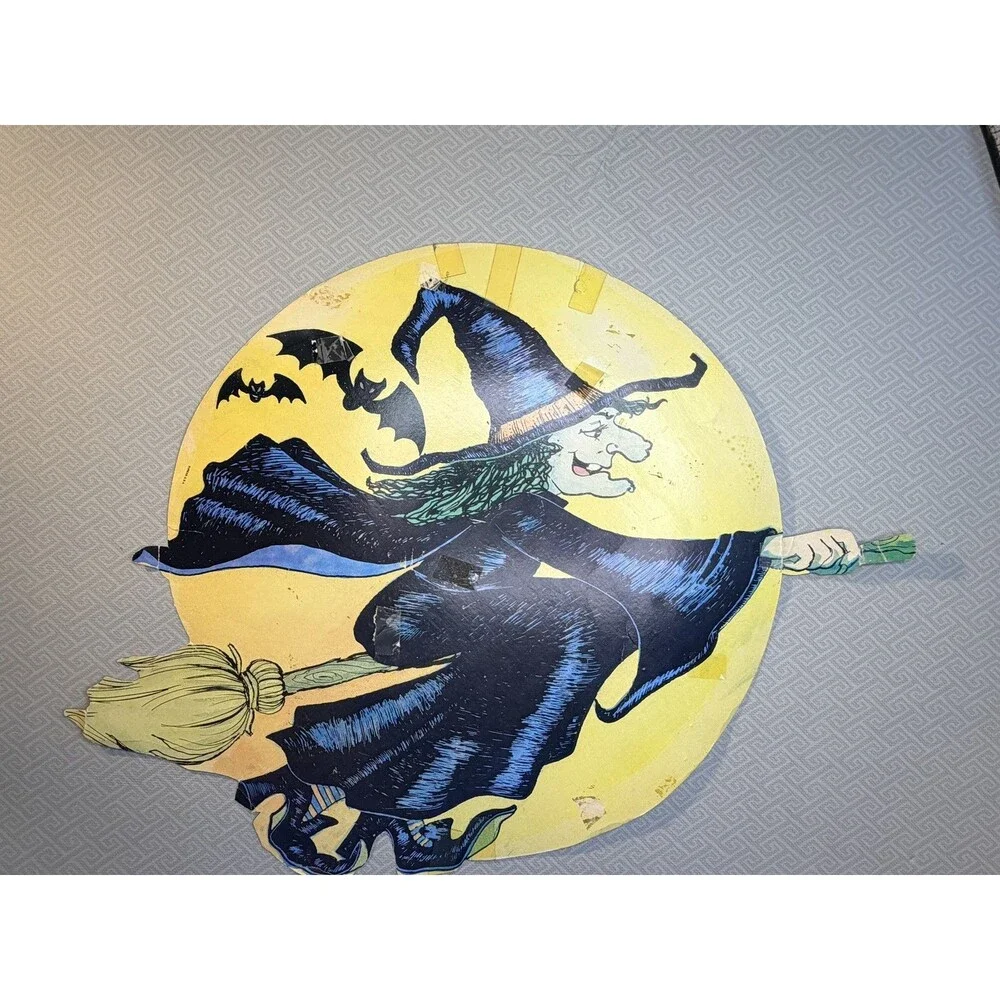 Vintage Eureka Halloween Witch on Broomstick & Bats Die-Cut Decor Cardboard Sign